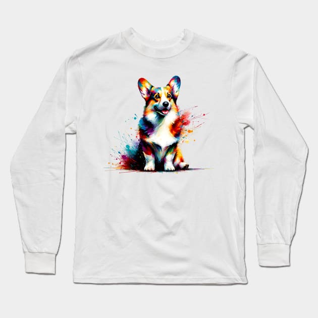 Joyful Colorful Splash Cardigan Welsh Corgi Portrait Long Sleeve T-Shirt by ArtRUs